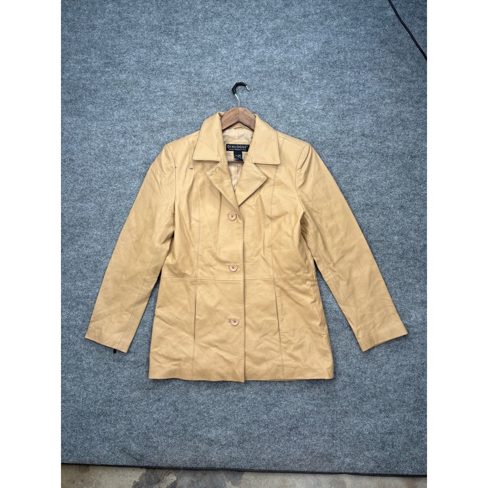 Dialogue Womens XS Tan‎ Leather Blazer Jacket Beige 3 Button Coat 100% Leather